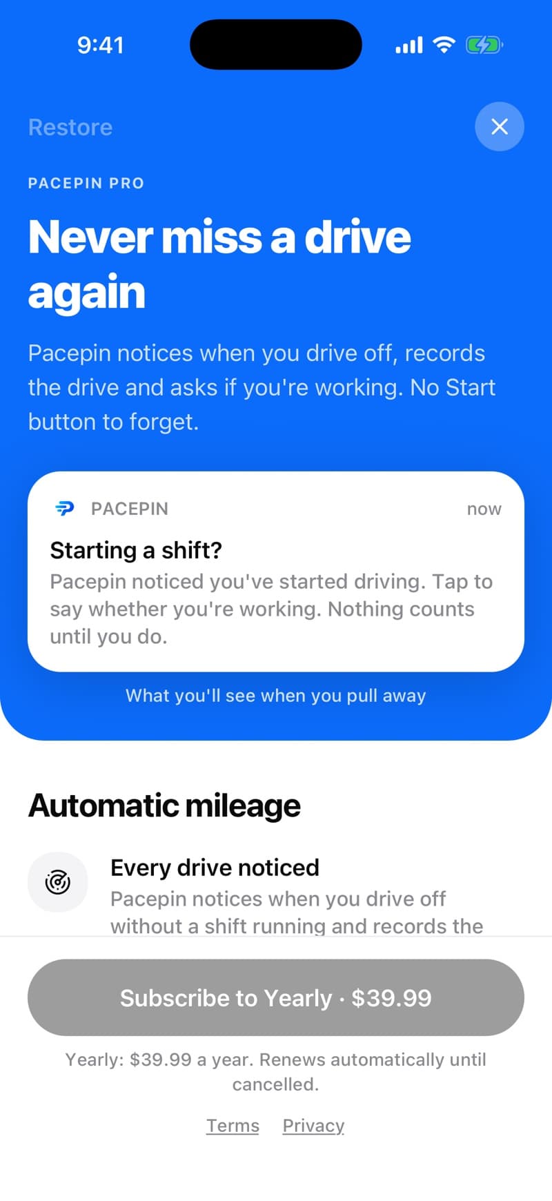 The Pacepin Pro screen: never miss a drive again. Pacepin notices when you drive off, records the drive and asks if you're working, shown as the notification it sends: “Starting a shift?”, which you tap to answer.